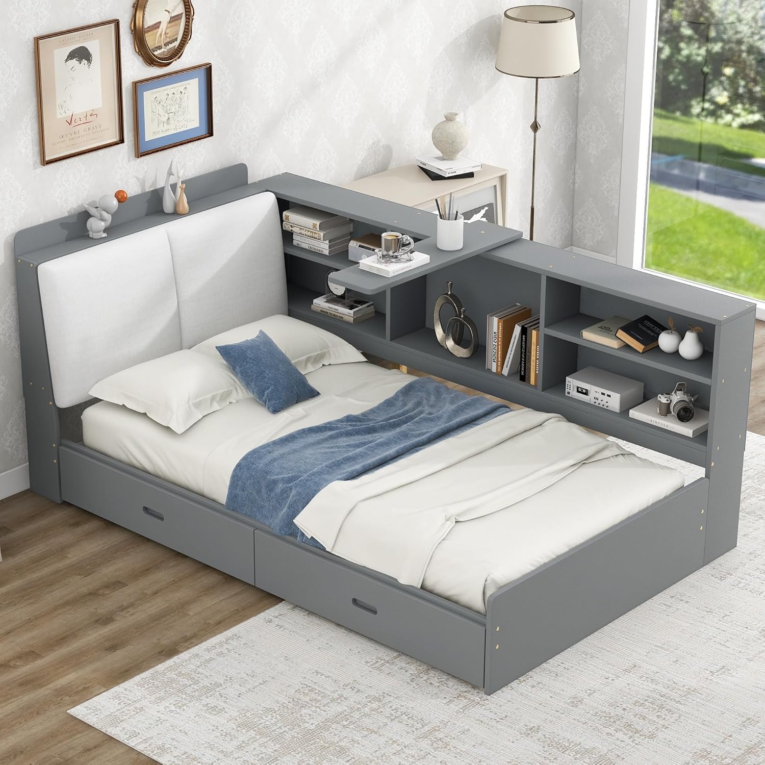 Twin Size Platform Bed with Storage Headboard and Shelves, Wooden Daybed Frame with Side Bookcase and 2 Drawers,Wood Slat Support, Rotatable Storage Board (Gray-83J)
