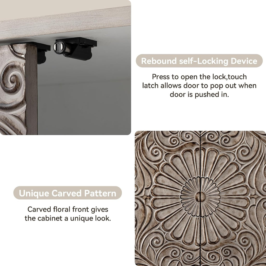 COSIEST Set of 2 32' Buffet Sideboard Cabinets with Storage, Accent Cabinet with Push-to-Open Doors, Vintage Flower Carved Pinewood Doors, Entryway Console for Living Room, Kitchen, Hallway, Gray