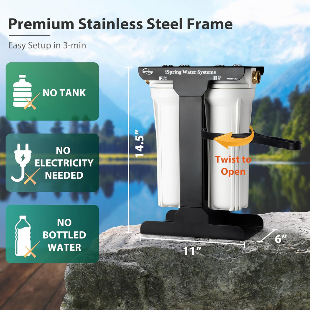 iSpring CW21-PF 2-Stage RV Water Filtration System, SGS-Tested PFAS Removal, High-Capacity Tankless Design, Durable 3/4' Lead-Free Brass Connectors for RV Campers