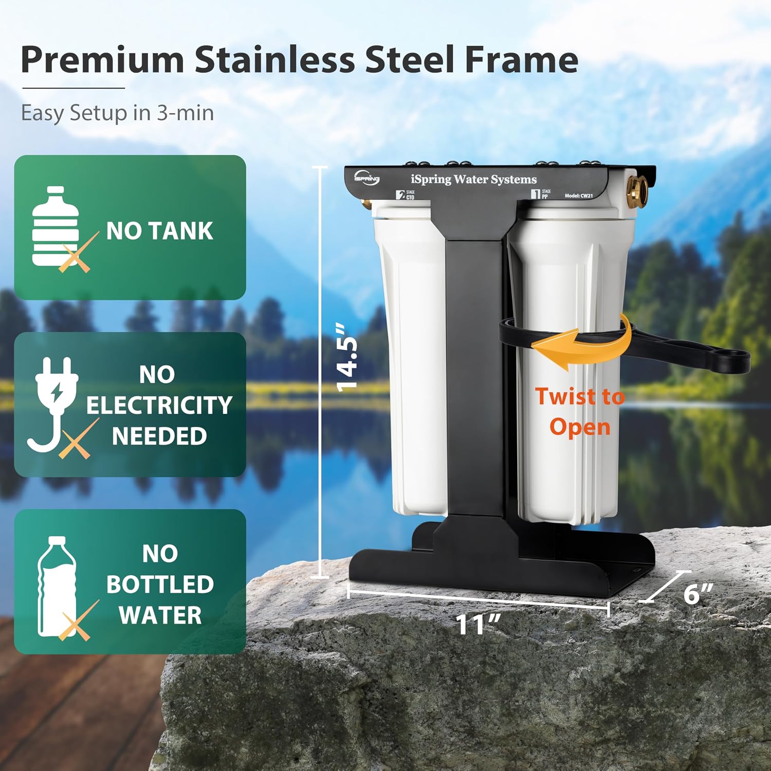 iSpring CW21-PF 2-Stage RV Water Filtration System, SGS-Tested PFAS Removal, High-Capacity Tankless Design, Durable 3/4' Lead-Free Brass Connectors for RV Campers