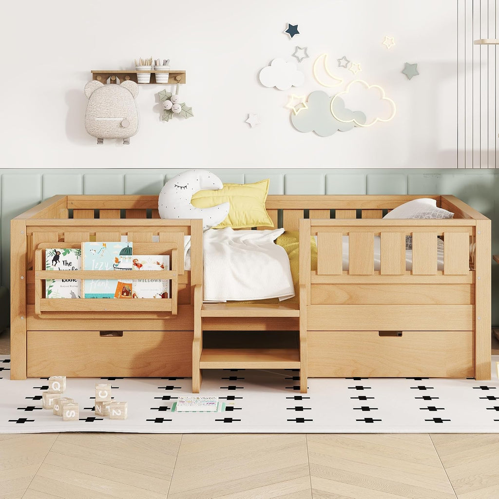 Bellemave Full Kids Montessori Bed with Stairs, Bookshelf and Drawers, Solid Wood Kids Bed Frame with Storage for Boys Girls, Low Profile,Light Natural