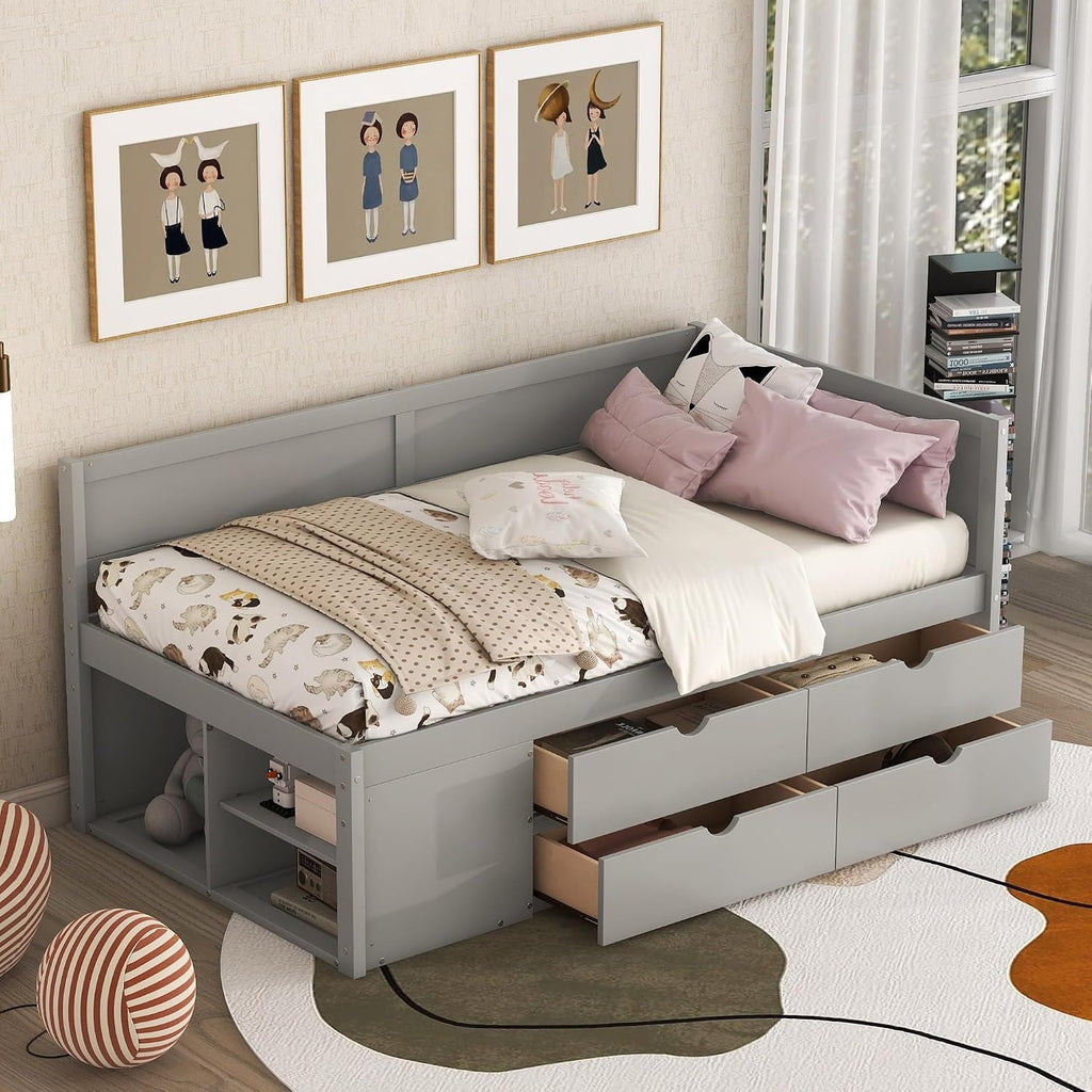 Twin Size Daybed with 4 Pull-Out Drawers and 3 Functioning Shelves,Solid Wood Day Bed Frame with Wooden Slats Support for Bedroom,No Box Spring Required (Gray-AB40)