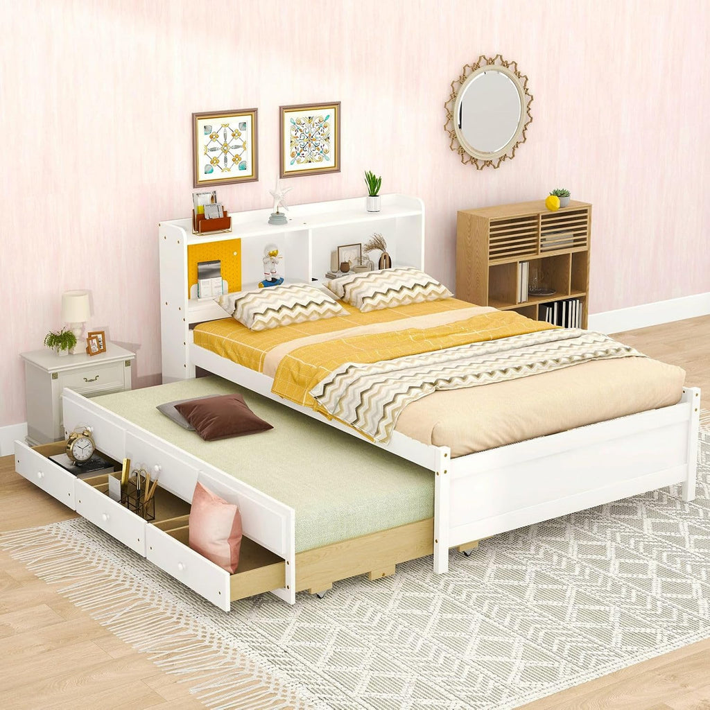 KEVINSPACE LED Bed Frame Full Size Captain's Bed Storage Daybed with Trundle Set, USB,Type-C Ports,LED Light Bed, Wooden Platform Bed with 3 Storage Drawers and Bookcase Headboard Bedroom White