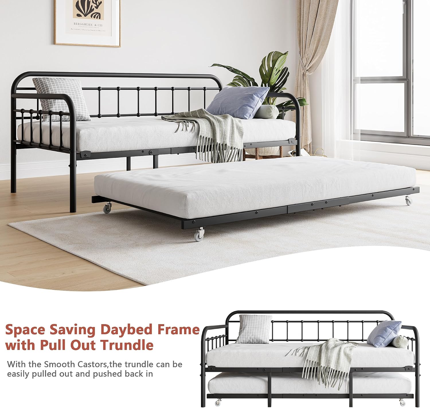 mikibama Twin Daybed with Trundle,Victorian Metal Daybeds with Pull Out Trundle,Vintage Guest Day Bed Frame Twin Size for Living Room,Bedroom,Apartment (Black with Trundle)
