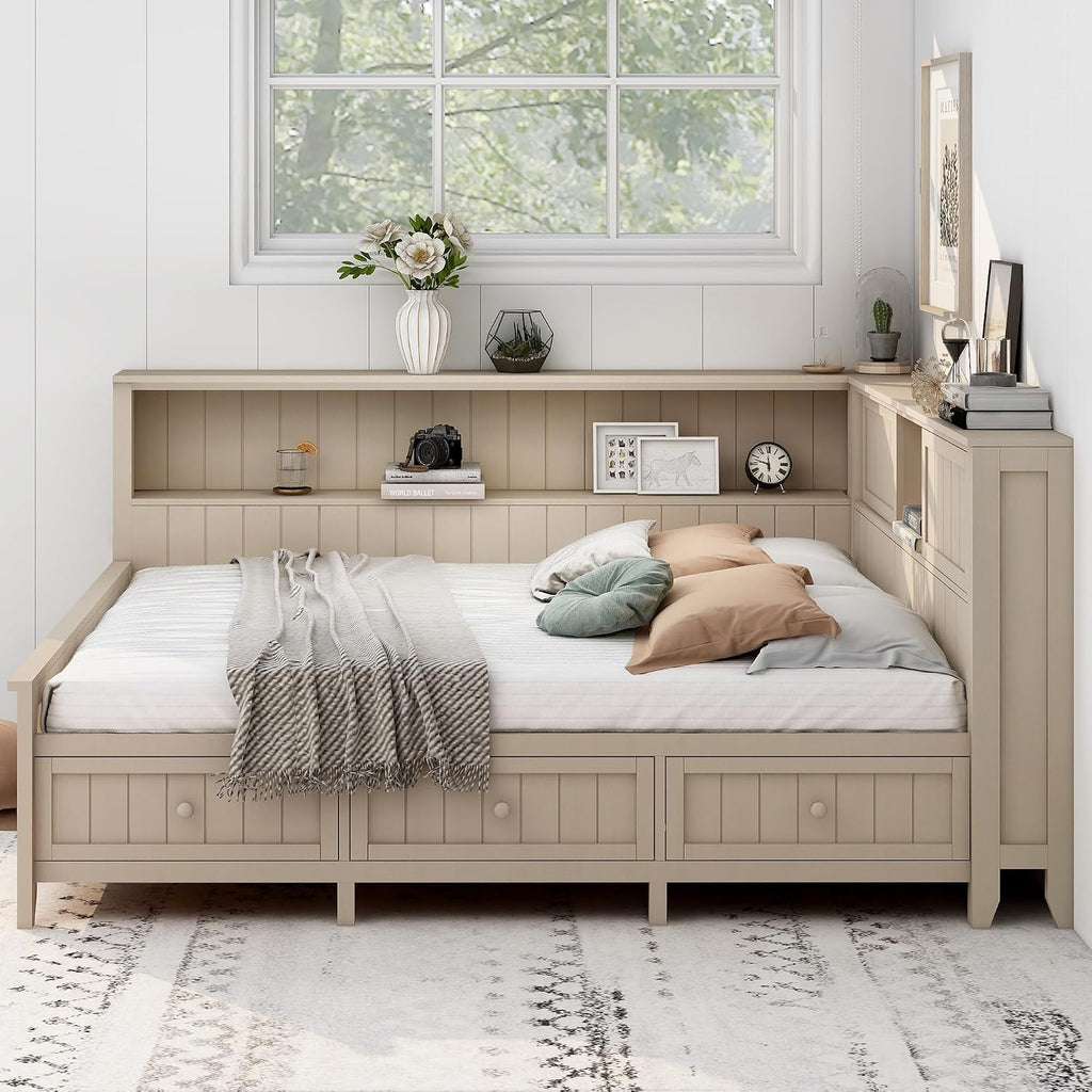 Full Size Lounge Daybed with Storage Shelves and 3 Drawers, Wooden Sofa Bed Frame with Slat Support for Apartment, Bedroom, Guest Room, No Box Spring Required