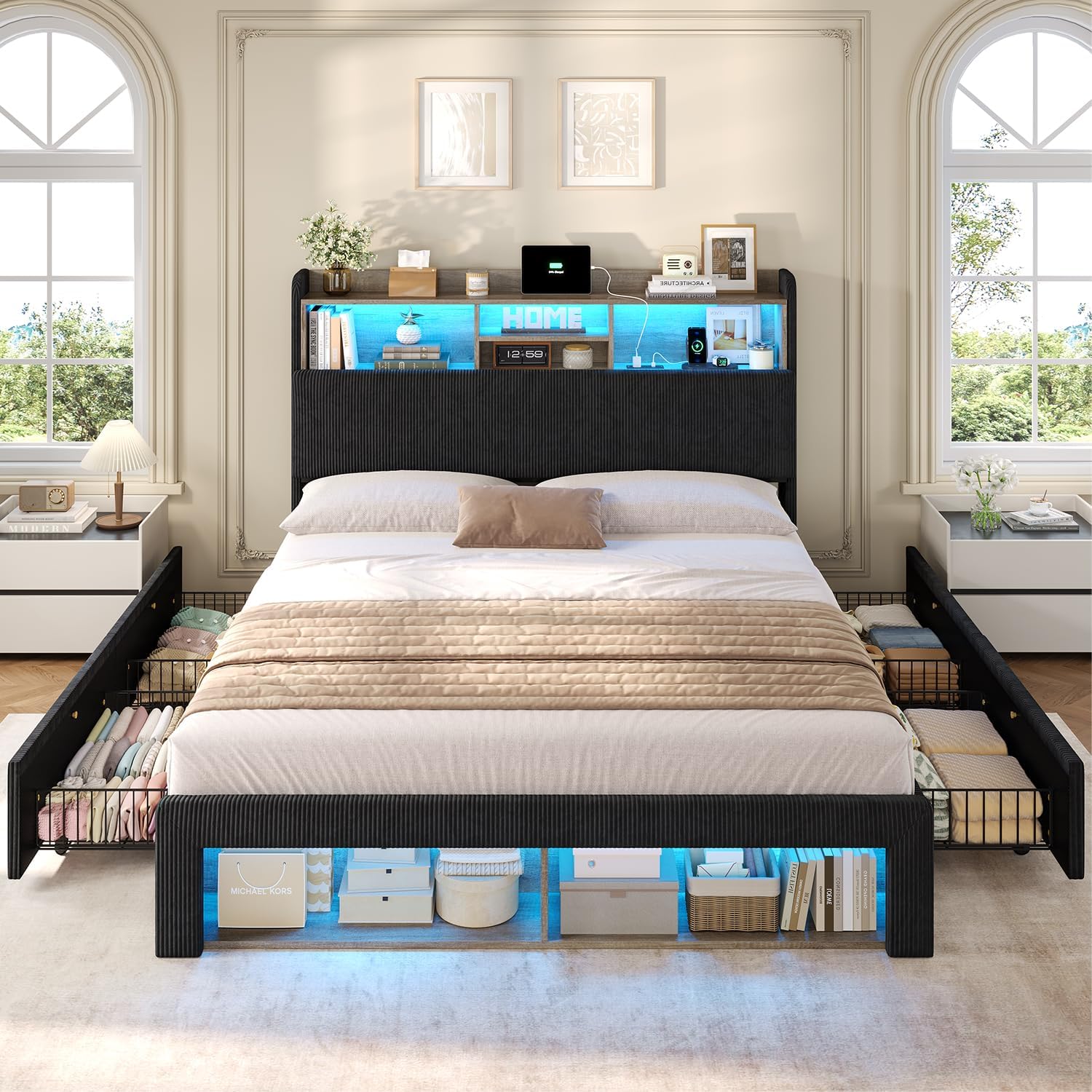 ADORNEVE Queen Bed Frame with 4 Storage Drawers, 2 Footboard Cubbies and RGB Lights, Corduroy Upholstered Platform Bed with Charging Station and Storage Headboard, No Box Spring Needed, Black