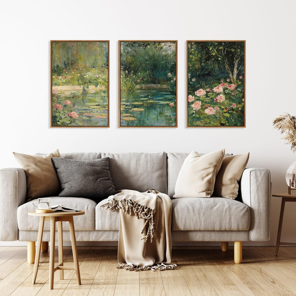 FWIEXA Monet Floral Framed Canvas Wall Art Set, Impressionist Botanical Garden Wall Decor, Vintage Ponds Tree Plant Artwork, Nature Landscape Prints for Living Room, Bedroom - Size 24'x36'x3