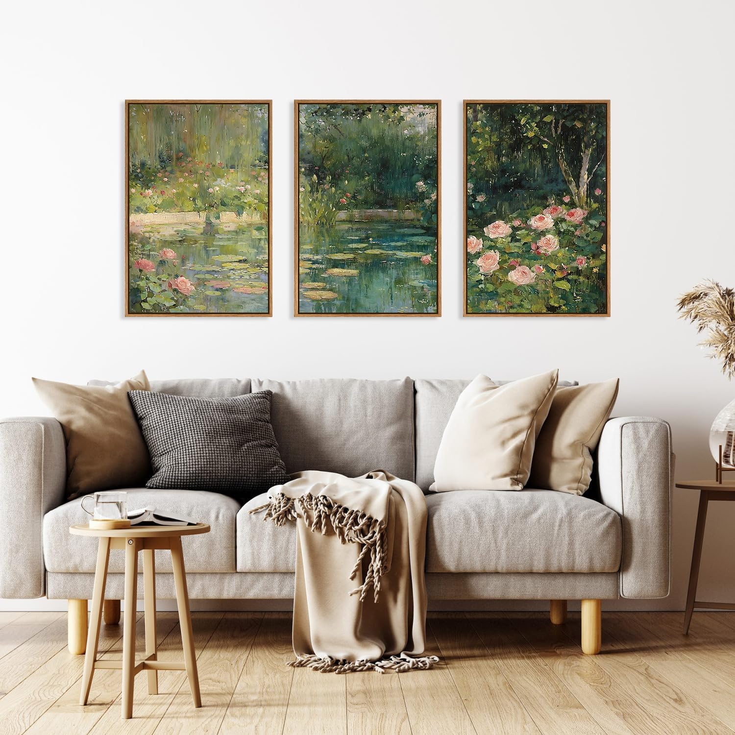 FWIEXA Monet Floral Framed Canvas Wall Art Set, Impressionist Botanical Garden Wall Decor, Vintage Ponds Tree Plant Artwork, Nature Landscape Prints for Living Room, Bedroom - Size 24'x36'x3