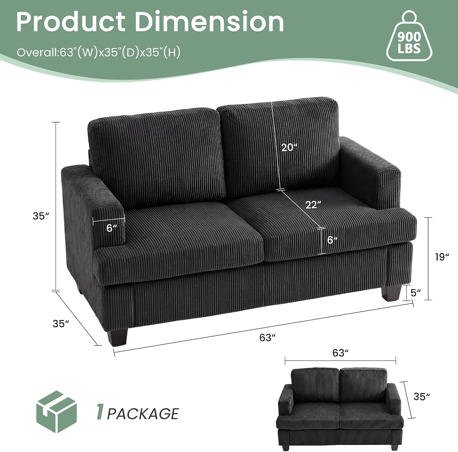 Fiona's magic 4 Seats Couch Set, 2 Piece Set Comfy Sofa, Loveseat Sofa*2 with Deep Seats for Living Room, Modern Sleeper Couch, Black Corduroy