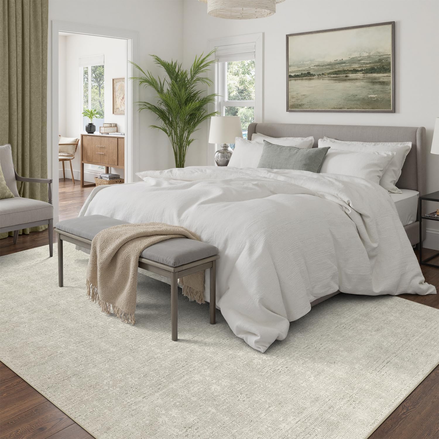 DCX 9x12 Beige Rug, Kid & Pet Friendly with Rubber Back Non Slip, Machine Washable Stain Resistant Neutral Floral Rug for Living Room, Bedroom, Home Office, Soft Low Pile Large Nursery Carpet