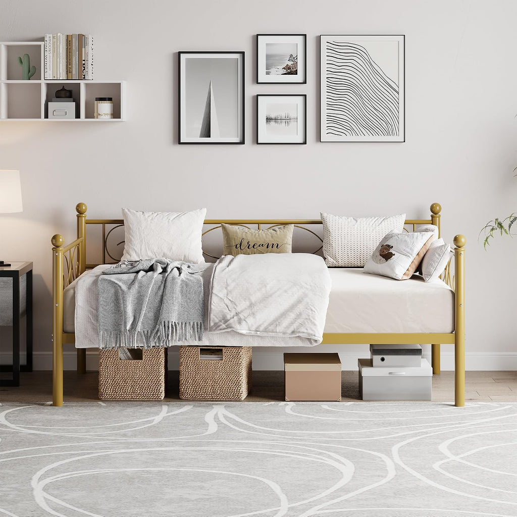 TrailBlaze Modern Space-Saving Twin Metal Daybed Frame - Heavy Duty Steel Slats, Floral Headboard, No Box Spring Needed, Ideal for Living Room, Bedroom, Guest Room - Gold, Twin Size