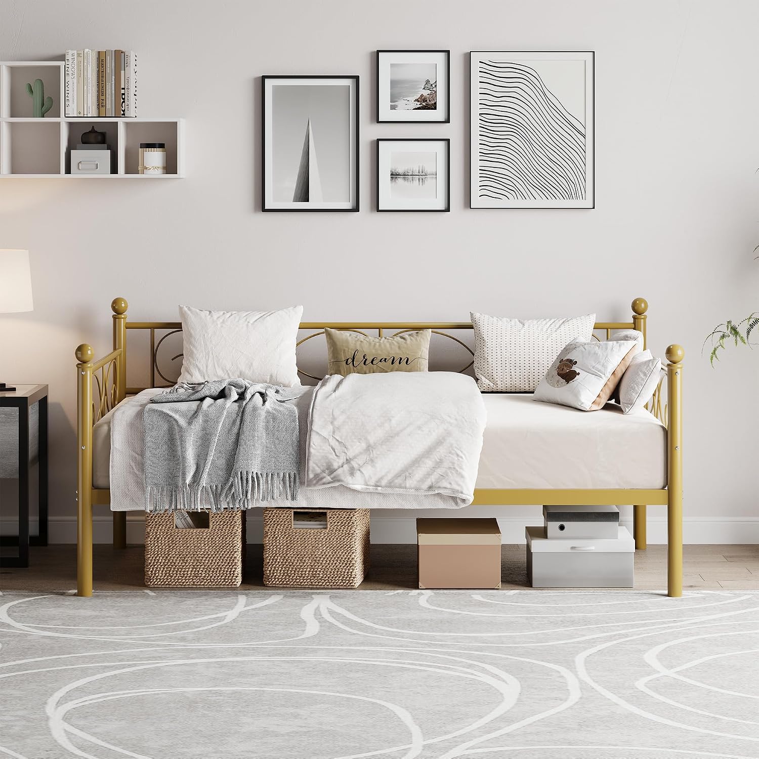 TrailBlaze Modern Space-Saving Twin Metal Daybed Frame - Heavy Duty Steel Slats, Floral Headboard, No Box Spring Needed, Ideal for Living Room, Bedroom, Guest Room - Gold, Twin Size