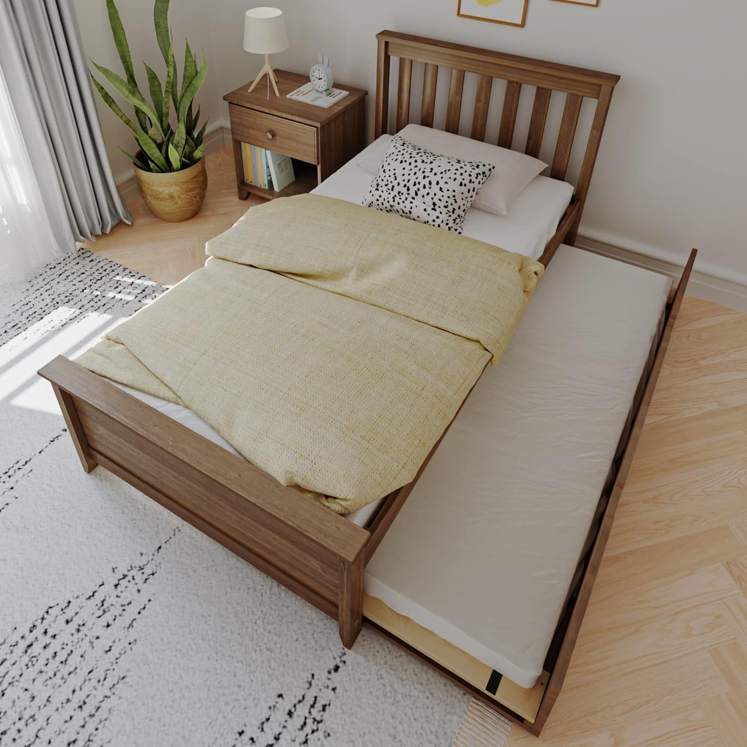 Max & Lily Twin Bed, Wood Bed Frame with Headboard for Kids with Trundle, Slatted, Walnut