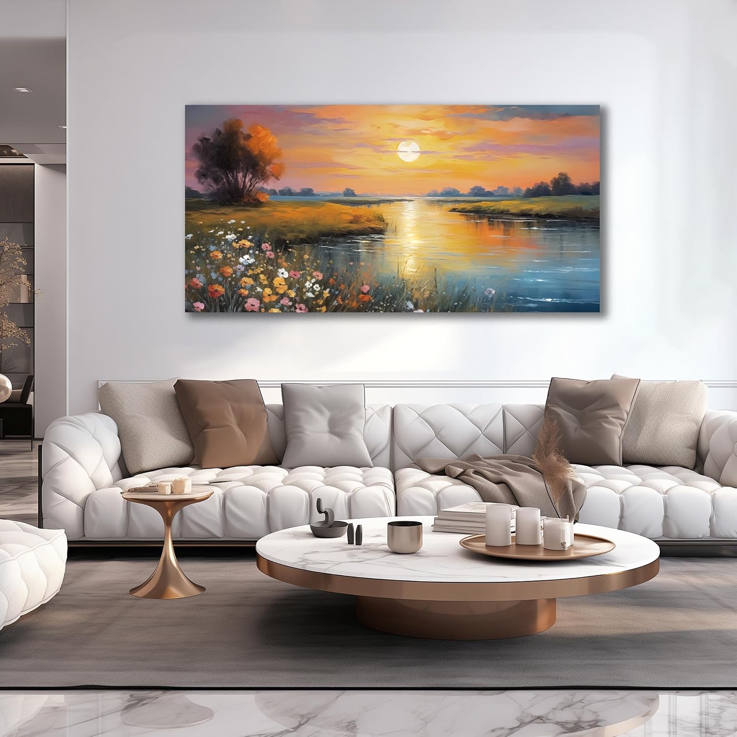 Orange Yellow Sunset Lake Landscape Canvas Wall Art with Colorful Wildflowers & Distant Mountain, Serene Nature Scene Large Picture Print Painting Artwork for Living Room Bedroom Decor 58x29 Inches