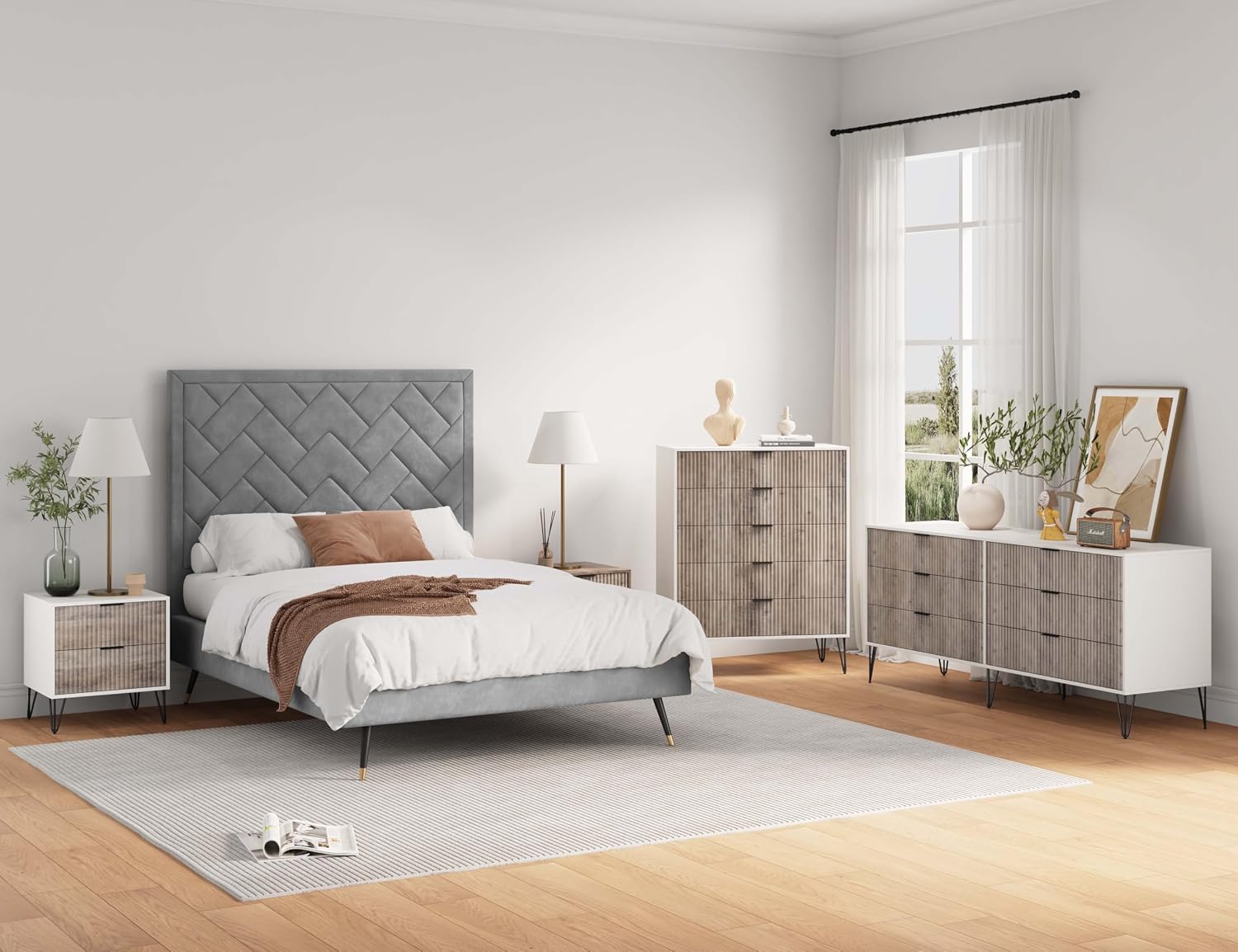 Manhattan Comfort Dumbo 3-Piece Modern Dresser Drawer and Nightstand Set, Tall and Double Low - Vertical Ribbed Design - No Tool Assembly Storage for Bedroom & Living Room, White/Grey