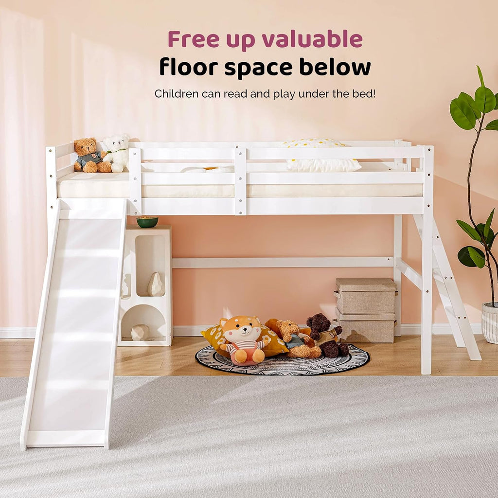 VINGLI Loft Bed with Slide, Twin Space Saving Kids Low Loft with Guardrail and Ladder, Pine Wood and Sturdy Single Bed Frame for Boys and Girls, White