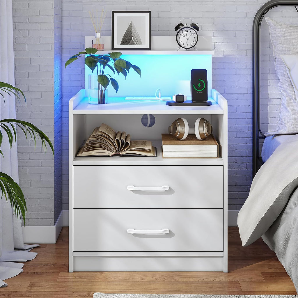 Nightstand Set of 2 with Charging Station and LED Lights, Bedside Table with 2 Drawers and Open Storage Shelf, 2 USB Ports and 2 AC Outlets, LED Night Stands for Bedroom Set of 2, White