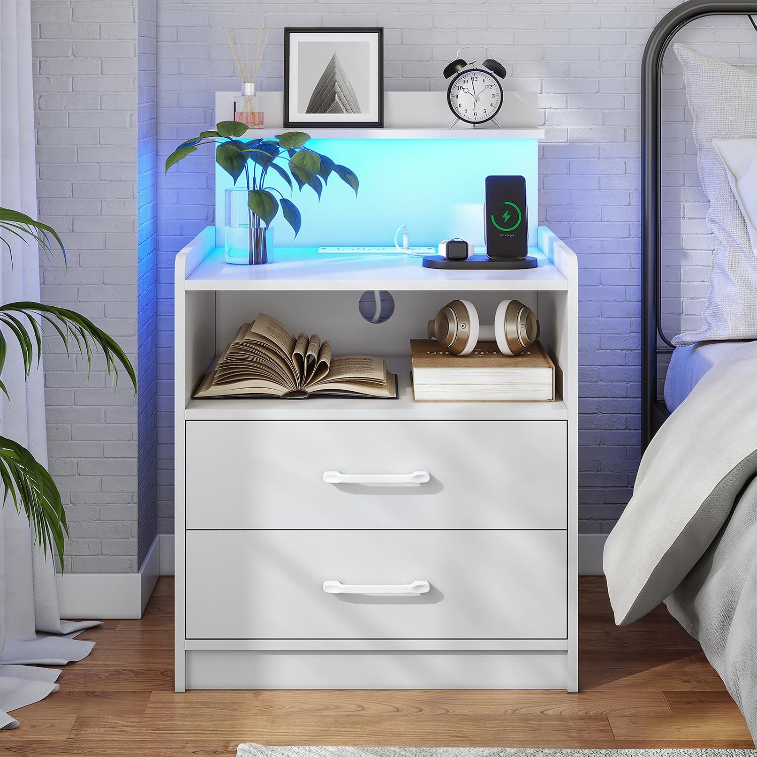 Nightstand Set of 2 with Charging Station and LED Lights, Bedside Table with 2 Drawers and Open Storage Shelf, 2 USB Ports and 2 AC Outlets, LED Night Stands for Bedroom Set of 2, White
