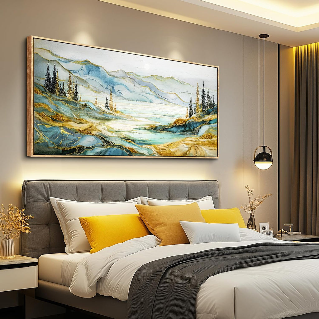 JUDASJART Canvas Wall Art For Bedroom Large Wall Decorations For Living Room Modern Office Wall Decor Abstract Mountain Painting Landscape Watercolour Pictures Artworks Home Decor Wood Framed