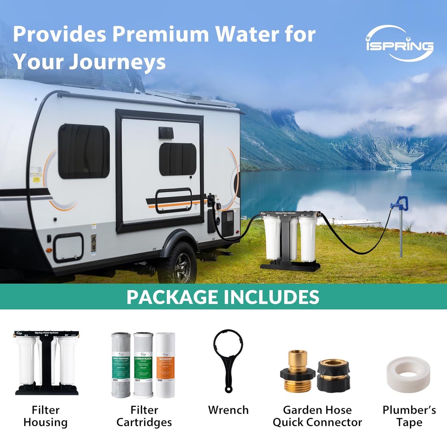 iSpring 3-Stage RV Water Filter System, SGS-Tested PFAS Removal, Reduces Chlorine, Lead, Sediment, Rust, and Odors, Leak-Free Brass Fittings, Quick Connectors, External Mounting Bracket, Model:CW31-PF