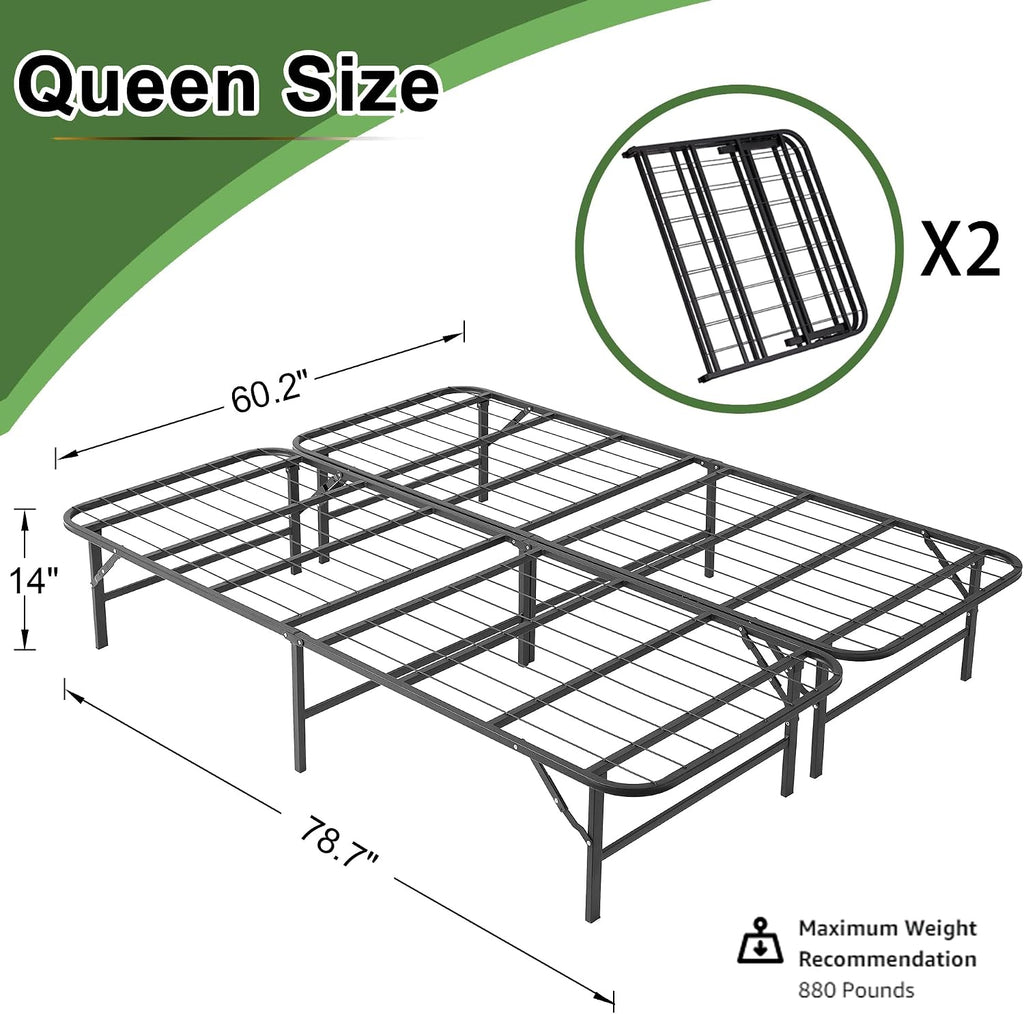 VECELO 14 Inch Metal Bed Frame, Foldable & No Tools Assembly, Heavy Duty Platform with Under Bed Storage, 880 lbs Weight Capacity, Ideal for Small Spaces & Guest Rooms, Queen, Black