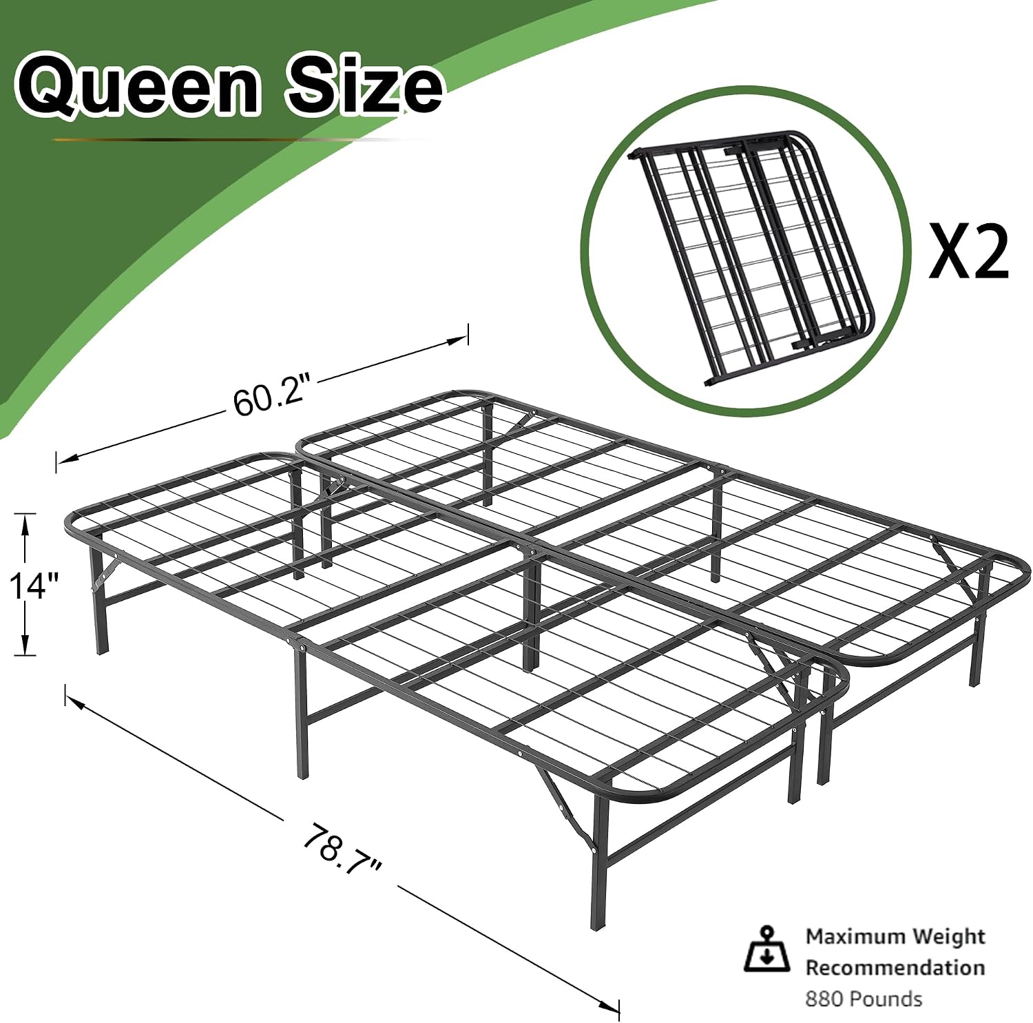 VECELO 14 Inch Metal Bed Frame, Foldable & No Tools Assembly, Heavy Duty Platform with Under Bed Storage, 880 lbs Weight Capacity, Ideal for Small Spaces & Guest Rooms, Queen, Black