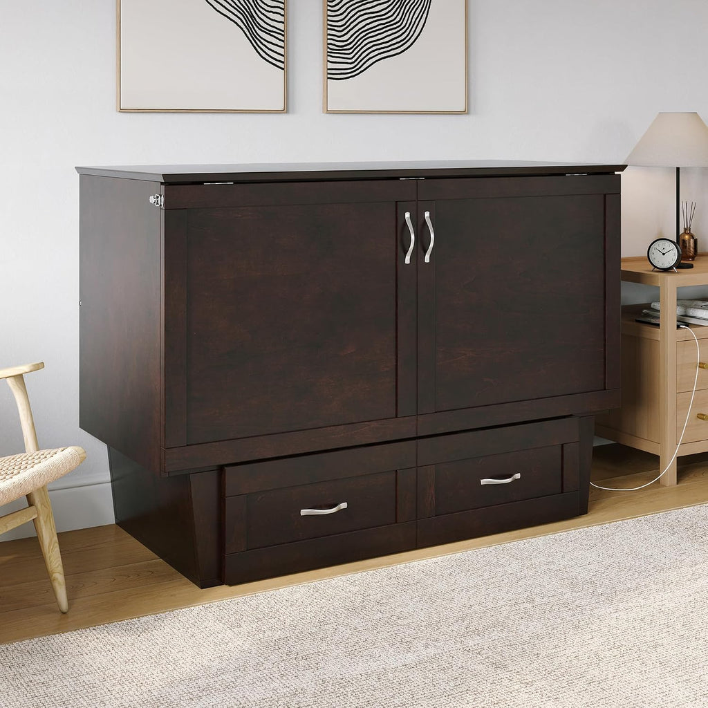 AFI, Monroe Full Murphy Bed Chest with 6' Mattress, Storage Drawer & Built-in USB Charger, Espresso