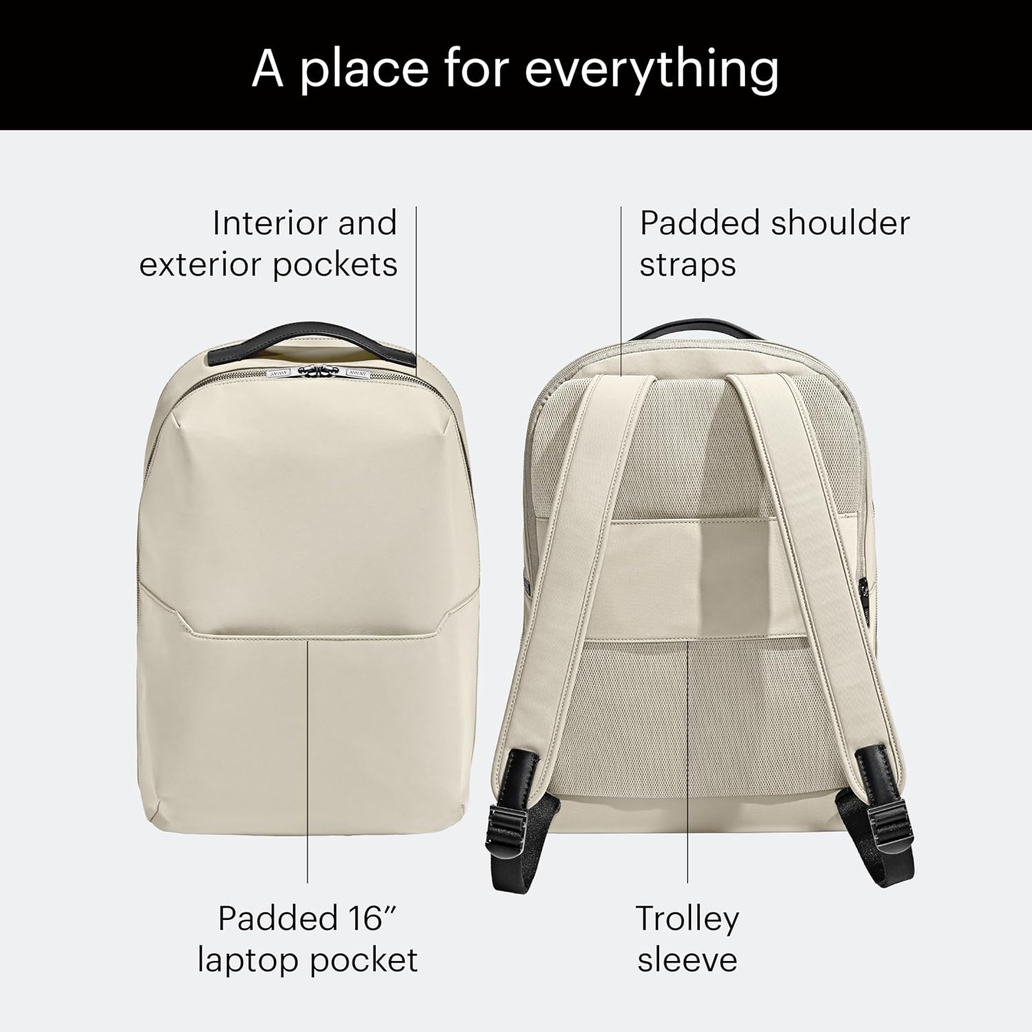 Away The Everywhere Zip Backpack - Personal Item Airline Approved Backpack with 16' Padded Laptop Sleeve, Water Bottle Pocket, Interior and Exterior Pockets - Fits Up to 16-Inch Laptops - Salt White
