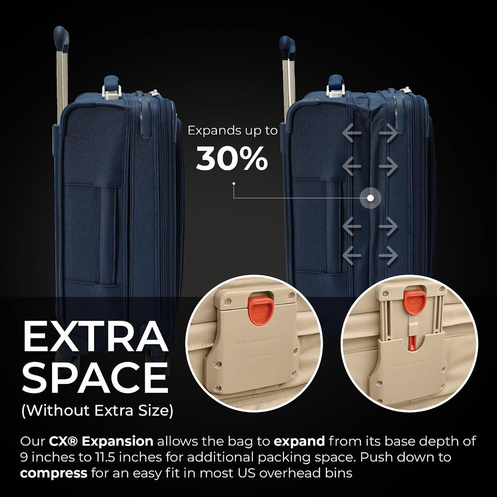 Briggs & Riley Global 21' Carry On Expandable Spinner - Luggage for International Travel, Suitcases with Wheels, Softside Rolling Bag for Men & Women, Self-Repairing Zipper - Baseline Collection, Navy