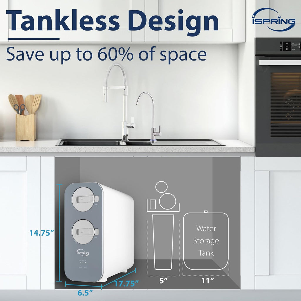iSpring RO800G Tankless Reverse Osmosis System, 800 GPD Under Sink Water Filter with 2.5:1 Pure to Drain Ratio, TDS & PFAS Reduction, Space Saving Design, Includes Brushed Nickel Faucet