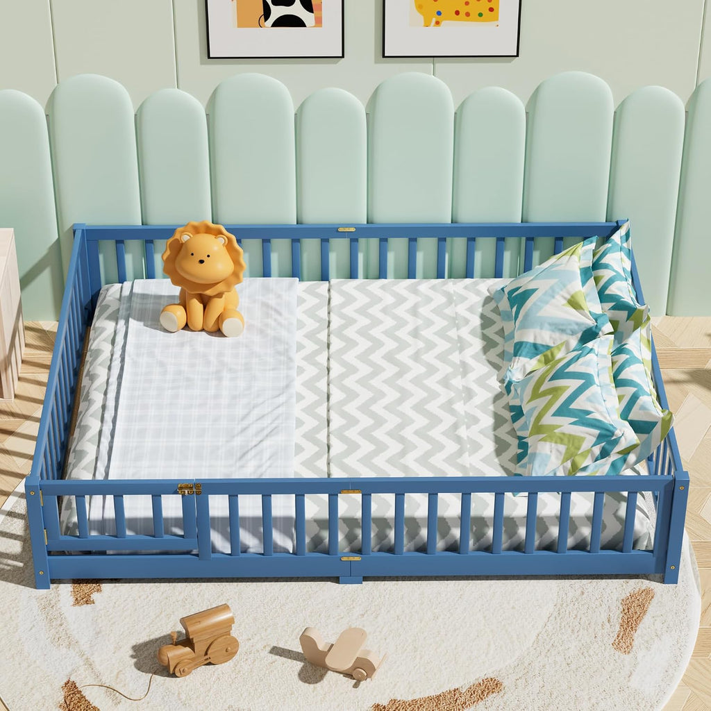 i-POOK Queen Floor Bed Frame with Wood Slats, High Fence & Small Door, Pinewood Montessori Floor Bed for Girls and Boys, Mist Blue