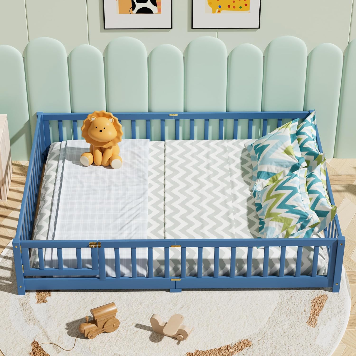 i-POOK Queen Floor Bed Frame with Wood Slats, High Fence & Small Door, Pinewood Montessori Floor Bed for Girls and Boys, Mist Blue