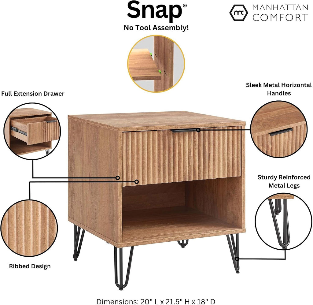 Manhattan Comfort Dumbo Fluted Nightstand with Drawer and Open Shelf, Gold Hairpin Legs and Metal Handle, Snap Tool-Free Assembly, Bedside Accent Table for Bedroom, Office, Living Room in Golden Brown