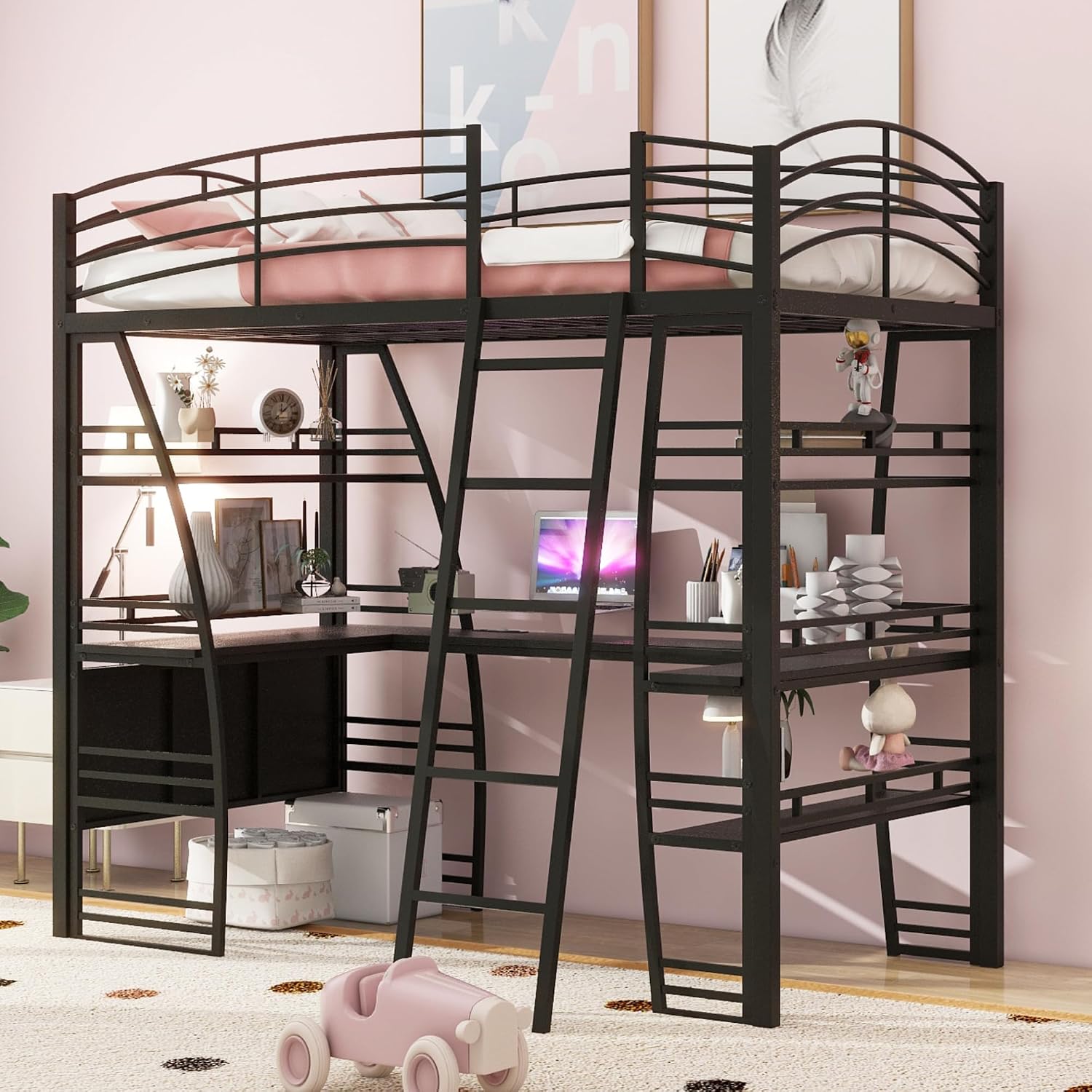Metal Twin Size Loft Bed with 4 Layers of Shelves and L-Shaped Desk,a Set of Sockets, USB Ports and Wireless Charging,for Kids Teens Adults Bedroom (Twin, Black@Charging)
