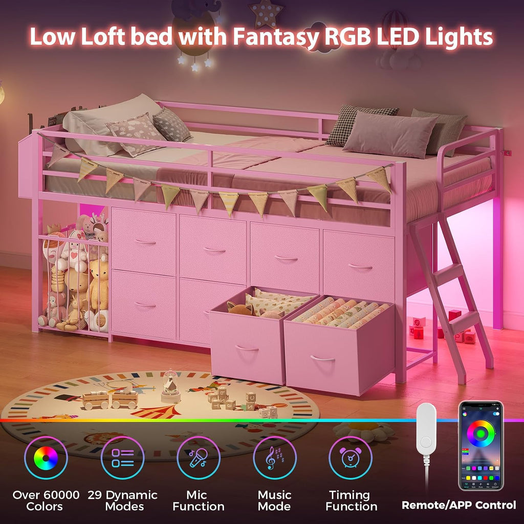UPOSOJA Twin Size Low Loft Bed with RGB Lights & Play Zone, 8 XL Drawers, Kids Play Loft with 2-Step Ladder & Anti-Tip Kit (Pink)
