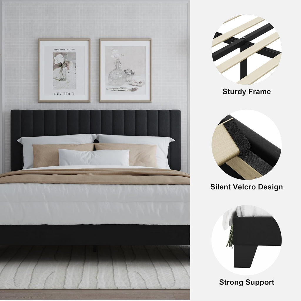 Full Bed Frame, Velvet Upholstered Platform Bed Frame with Adjustable Headboard, Vertical Quilted Design, Sturdy Slatted Mattress Base, Easy to Assemble, Black