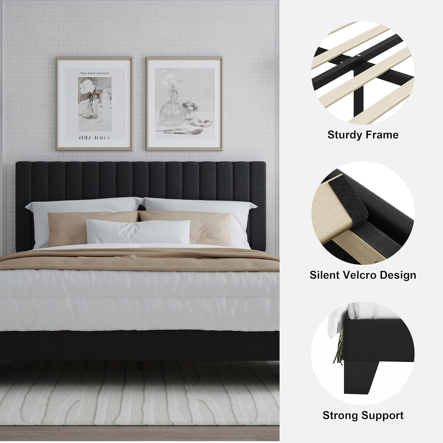 Full Bed Frame, Velvet Upholstered Platform Bed Frame with Adjustable Headboard, Vertical Quilted Design, Sturdy Slatted Mattress Base, Easy to Assemble, Black