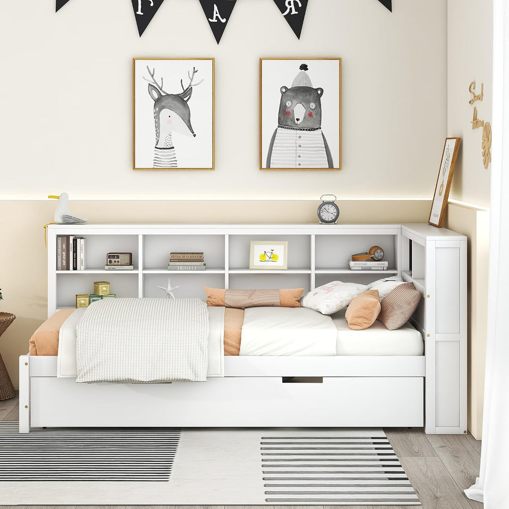 Modern Twin Size Daybed with Trundle, Solid Wood Captain Platform Bed with Storage Cabinets and USB Ports, Low Floor Bed for Kids Teens Adult Bedroom, Easy Assembly (White-XX115)