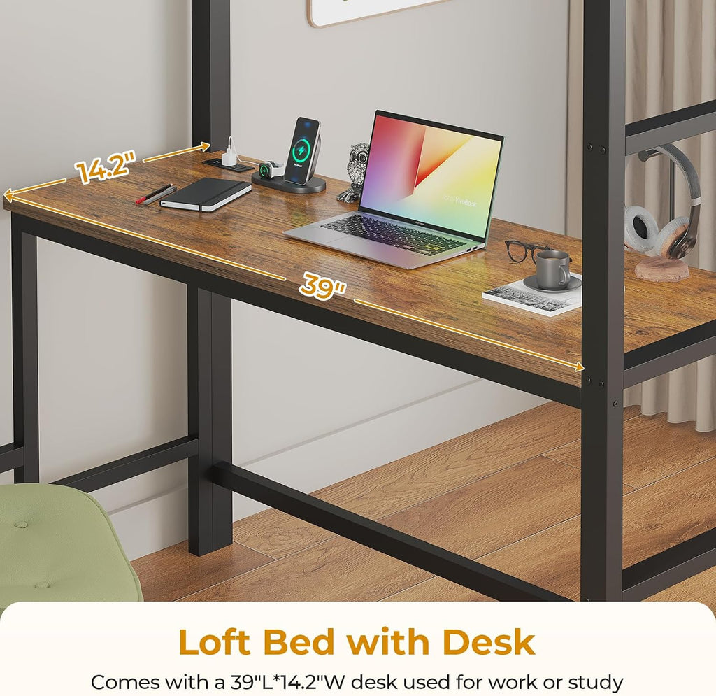 ADORNEVE Twin Size Loft Bed with Desk and 8 Storage Drawers, Metal Kids Loft Bed Twin with LED Lights & Charging Sation, Storage Shelves, 13.1' H Safety Guard & Ladder, Rustic Brown