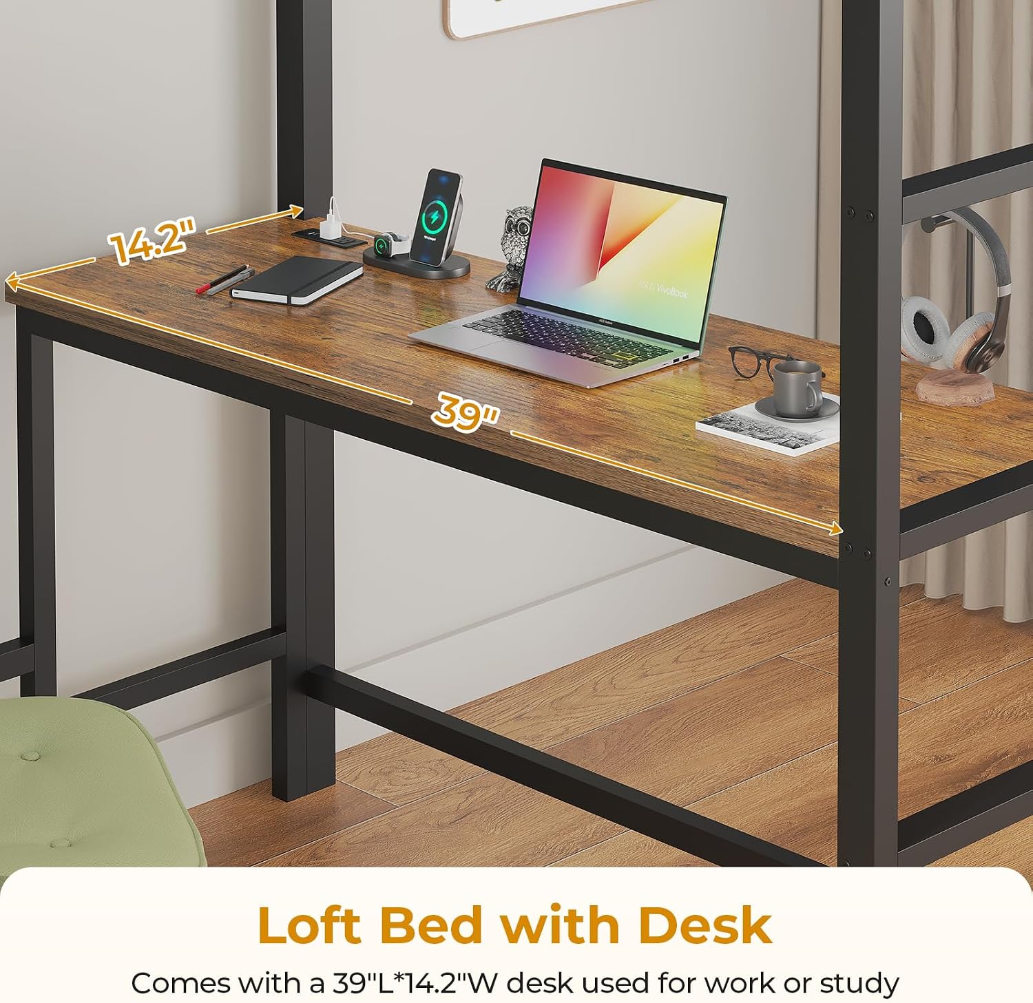 ADORNEVE Twin Size Loft Bed with Desk and 8 Storage Drawers, Metal Kids Loft Bed Twin with LED Lights & Charging Sation, Storage Shelves, 13.1' H Safety Guard & Ladder, Rustic Brown