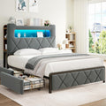 Jocoevol Queen Upholstered LED Bed Frame with 2 Storage Drawers and 2-Tier Storage Headboard, Velvet Platform Bed with Charging Station & Bookcase, Corner Bed Frame, Heavy Duty Metal Support, Grey