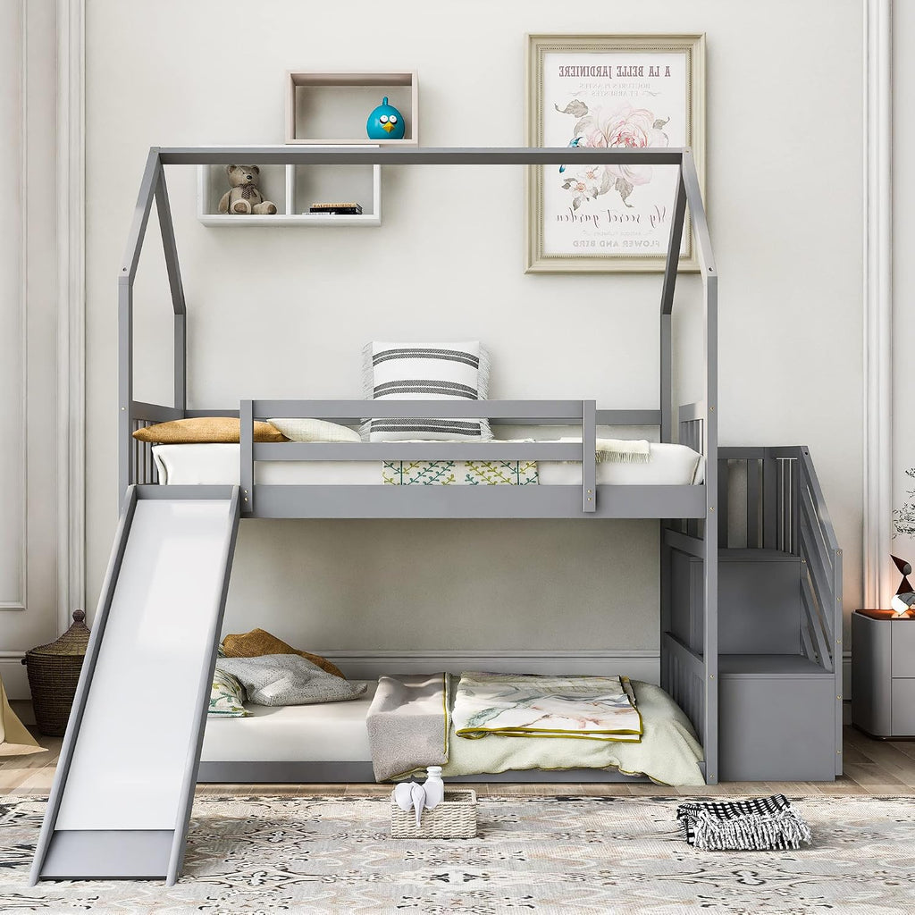 Wood House Bunk Bed for Kids Toddlers, Twin Over Twin Bunk Bed with Convertible Slide, Storage Staircase Can be Placed Left or Right, No Spring Box Required (Gray+House03)