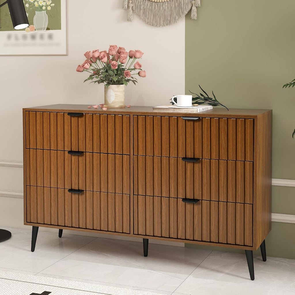 Fluted Dresser for Bedroom, 47'' Wide Modern Chest of Drawers, 6 Drawer Dresser TV Stand, Natural Wood Drawer Organizer for Bedroom, Living Room, Hallway, Walnut