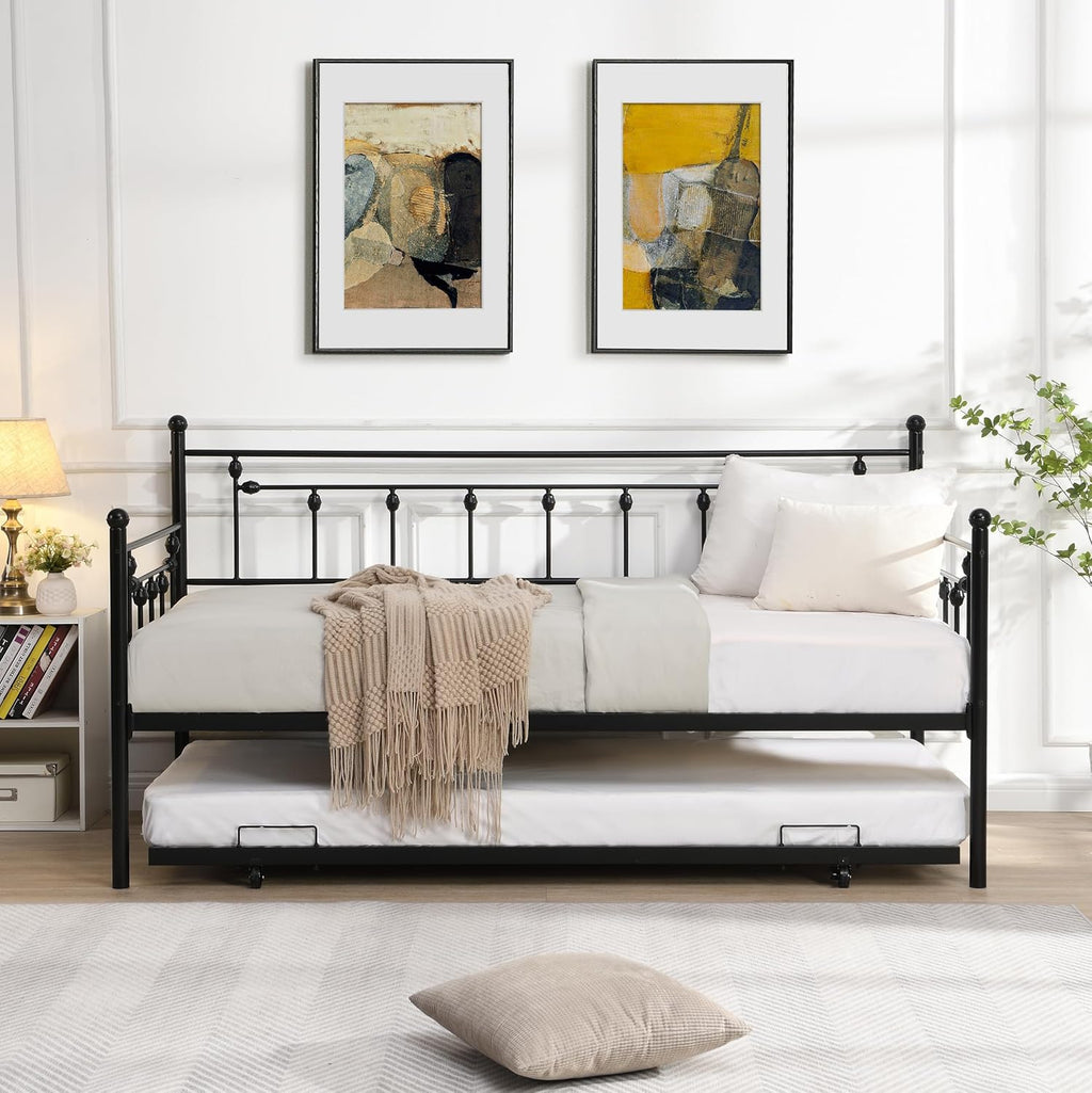 Daybed with Trundle Black,Modern Style and Comfort to Any Bedroom,1 Set of Bed in 1 Carton,Sturdy System