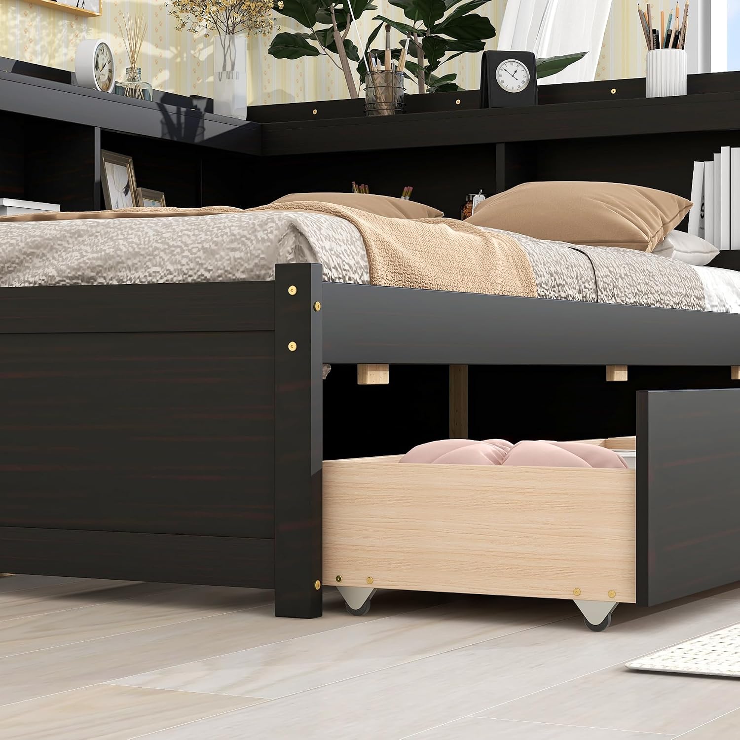 Full Size Platform Bed with L-Shaped Bookcase and 2 Drawers, Wooden Captain Bed Frame with Bookcase Headboard for Kids Teens Adult Boys Girls, No Box Spring Needed-Espresso