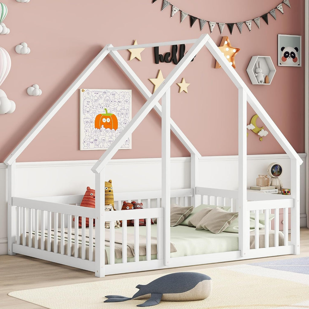JIVOIT House Bed Full Size Floor Bed, Full Wood House-Shaped Floor Bed with Fence and Guardrails, Wood House Roof Frame, Montessori Floor Bed Frame (White-Full,129)