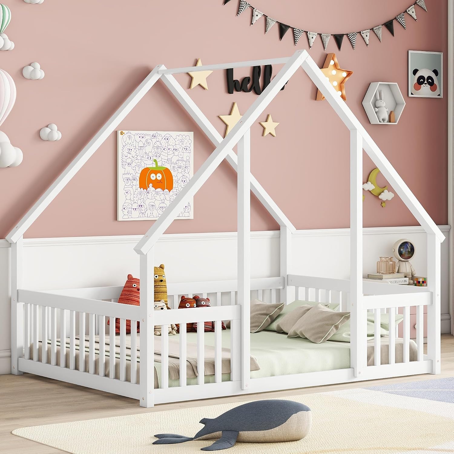 JIVOIT House Bed Full Size Floor Bed, Full Wood House-Shaped Floor Bed with Fence and Guardrails, Wood House Roof Frame, Montessori Floor Bed Frame (White-Full,129)