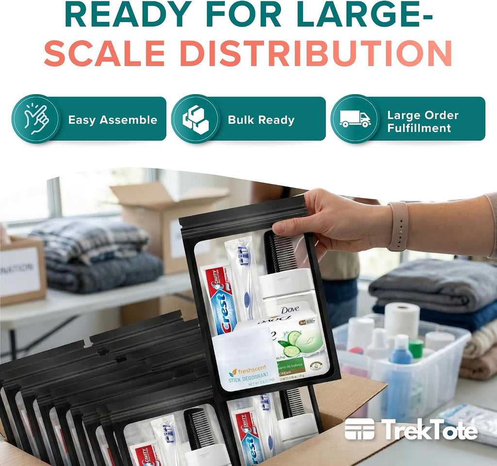 Assemble Your Own Hygiene Kit, Bulk Hygiene Essentials, Travel Size Toiletries Set with Comb, Toothbrush, Toothpaste, Shampoo, Deodorant, Bag and More (100 Pack)