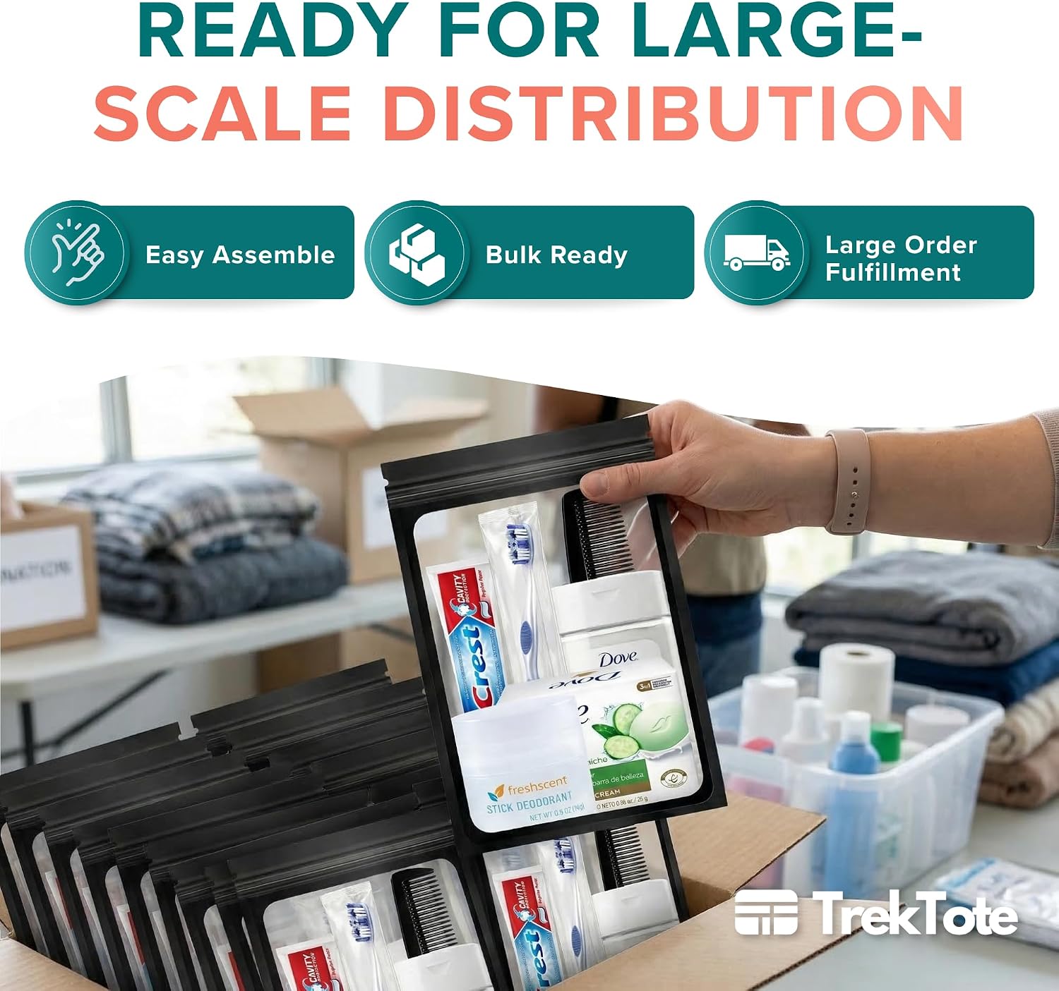 Assemble Your Own Hygiene Kit, Bulk Hygiene Essentials, Travel Size Toiletries Set with Comb, Toothbrush, Toothpaste, Shampoo, Deodorant, Bag and More (100 Pack)