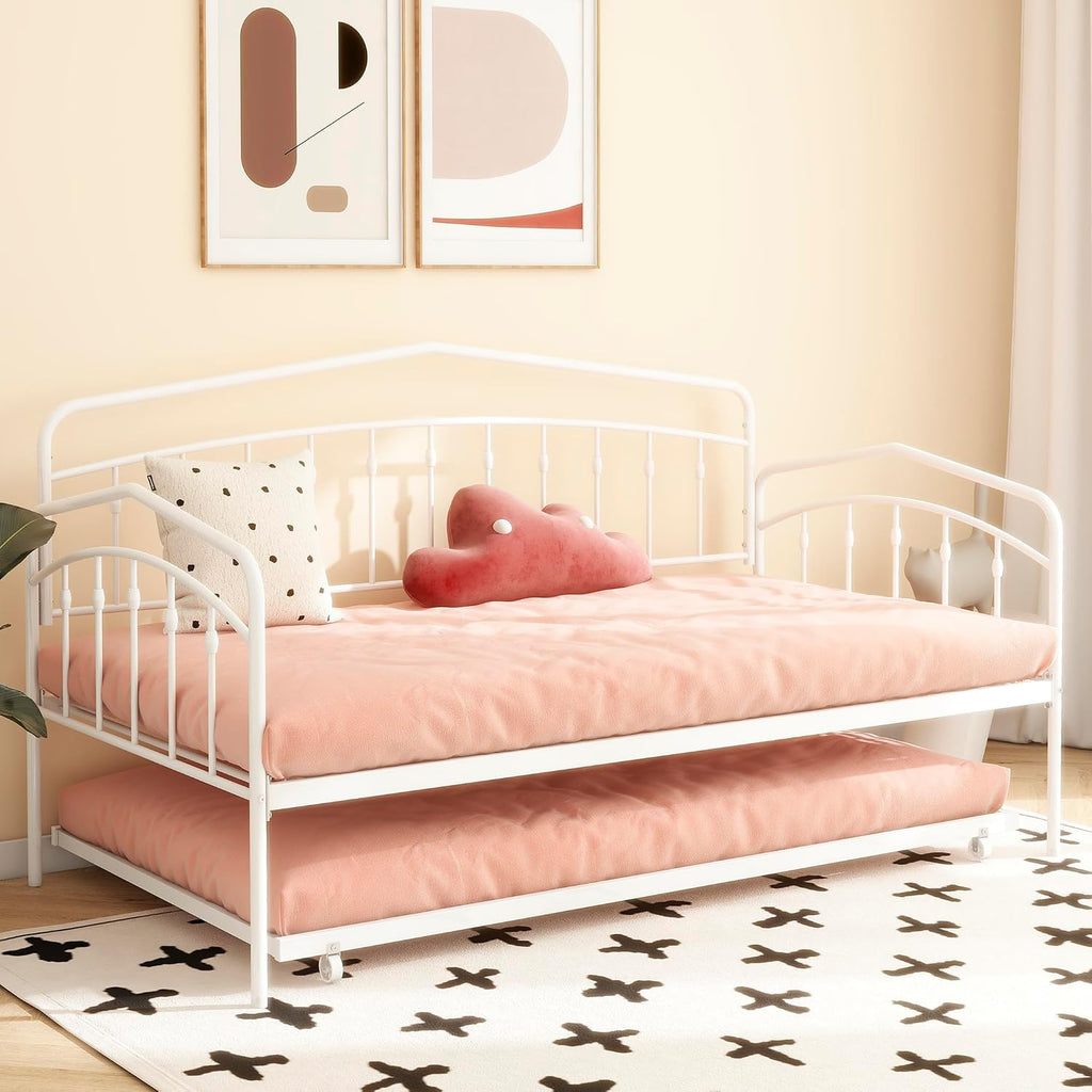 Twin Daybed with Trundle,Metal Sofa Bed Set,Rollaway Daybed Couch Bed Frame for Bedroom Living Room Guest Room White